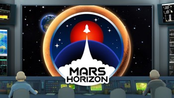 Key art for Mars Horizon, showing the game logo superimposed over a mission control room where people are sat at desks working on some kind of space mission.