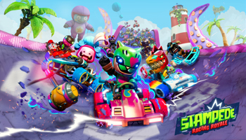 Key art for Stampede Racing Royale, featuring a number of racers and karts rushing towards the screen.