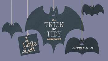 A Little to the Left key art for the Trick or Tidy seasonal content, featuring multiple paper bats hung by string from the top of the screenshot. The central bat reads "the Trick or Tidy holiday event", while a black square to the left reads "A Little to the Left" and another bat on the right reads "October 27 - 31"
