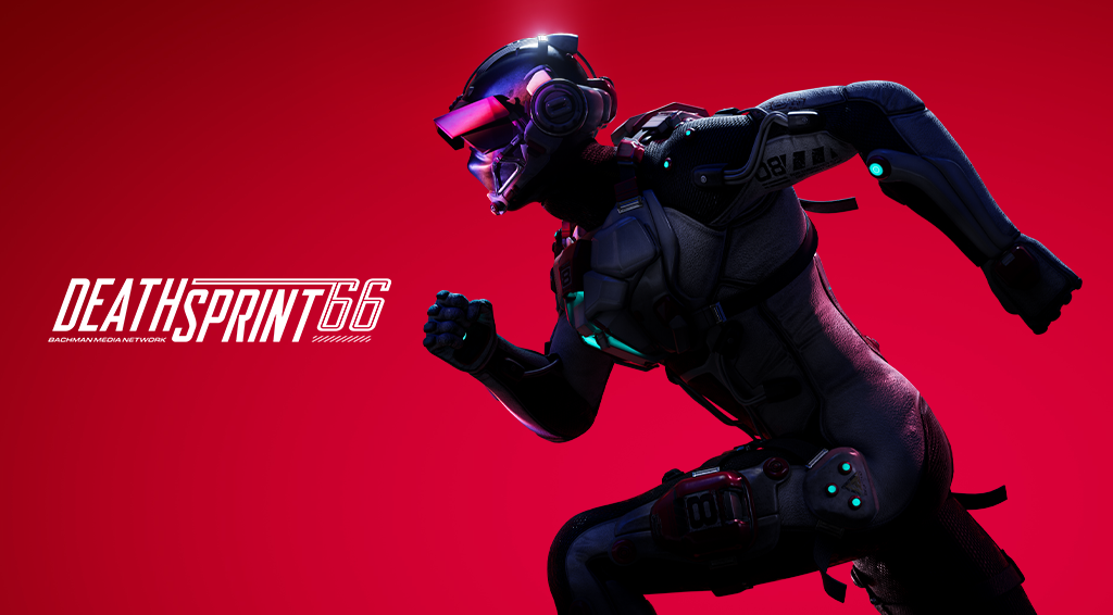 DEATHSPRINT 66 key art, featuring the game's logo on the left with a clone running towards the left of the screen on a red background. The clone is wearing a dark bodysuit with blue neon lights and a chrome visor which is reflecting a pinkish light.