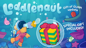 Loddlenaut key art showcasing logo, protagonist in diving suit armed with a bubble gun, and a colourful underwater scene with lots of loddle creatures - and a holiday gift.