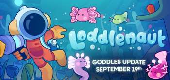 Loddlenaut key art showcasing logo, protagonist in diving suit armed with a bubble gun, and a colourful underwater scene with lots of loddle creatures.