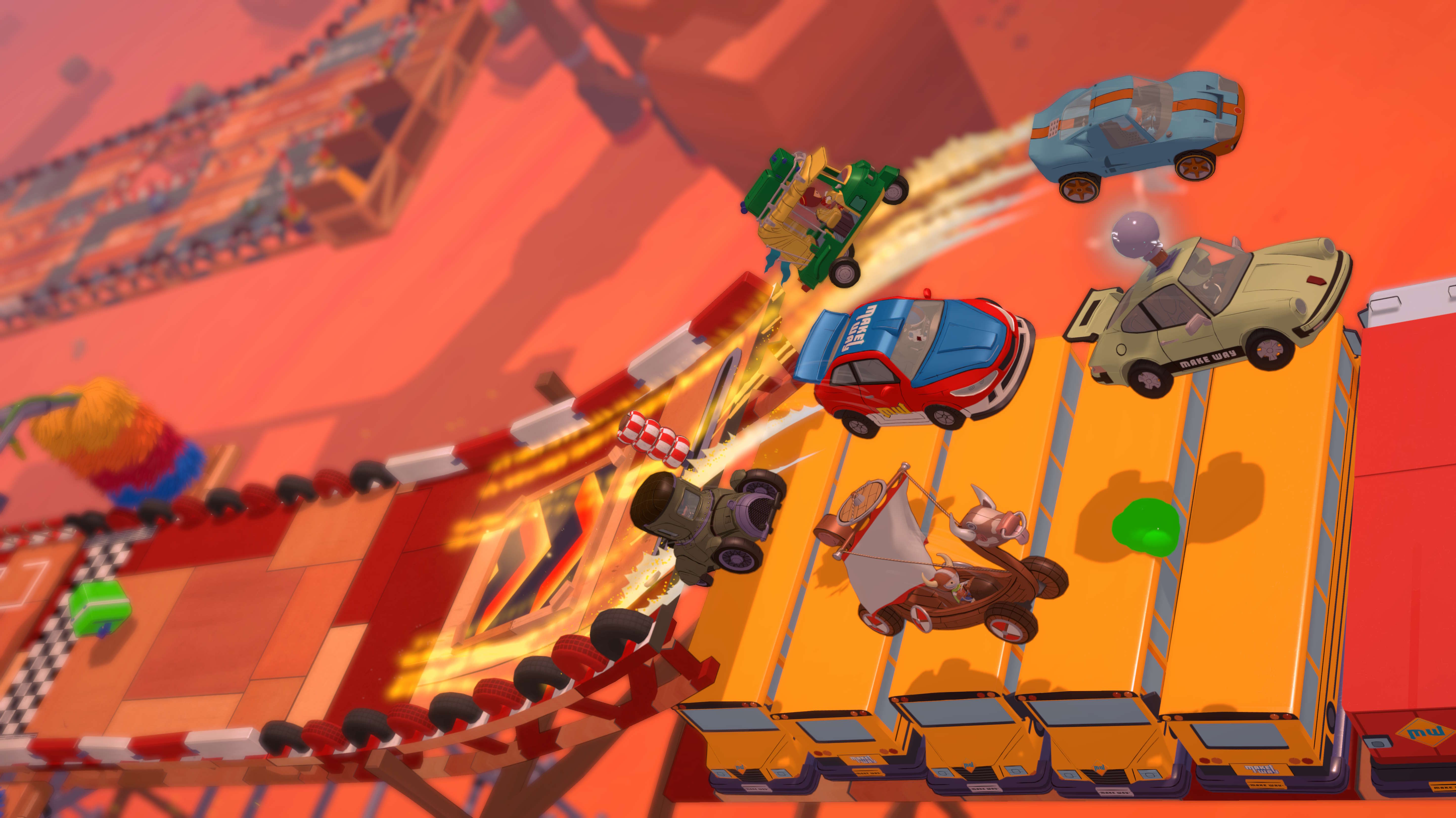 Six cars jump across a ramp in Make Way