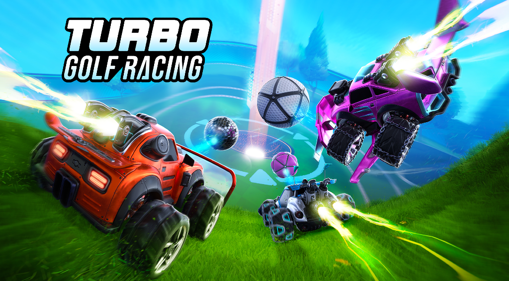 Turbo Golf Racing key art showcasing three vehicles racing down the golf course