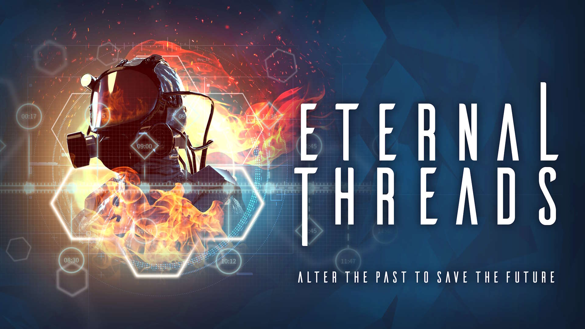 Key art for Eternal Threads, showing a masked face emerging from a collection of time codes in futuristic fonts