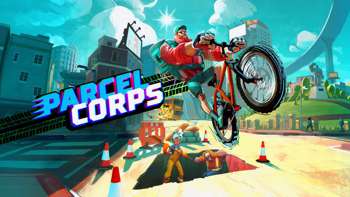 Key art for Parcel Corps featuring a bicycle courier leaping over an open pit with two road workers inside.