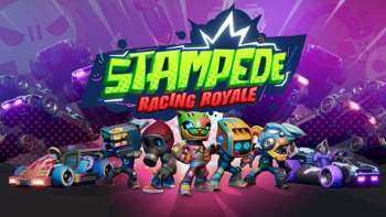 Key art for Stampede Racing Royale, featuring a number of racers and karts in a line.