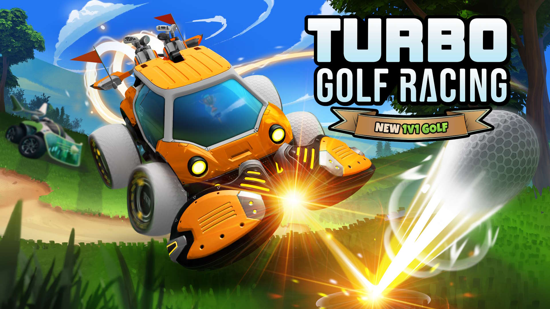 Turbo Golf Racing Golf mode key art, showing an orange rocket-powered vehicle colliding with a golf ball.