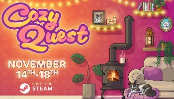 Cover art for Cozy Quest, featuring a sleeping cat and a wholesome cottage living room with pictures of dogs and cats on the wall