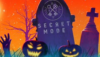Graveyard scene depicting an orange sky, a hand bursting from the ground and two grinning pumpkins. The Secret Mode logo is visible on one gravestone.