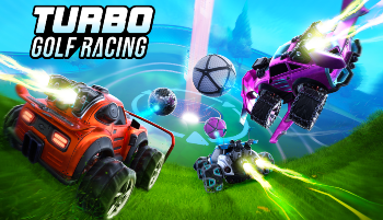 Turbo Golf Racing key art, showcasing logo and three cars racing down a golf course