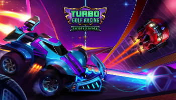 Turbo Golf Racing Season Three key art, showcasing two cars racing along a gravity-defying track