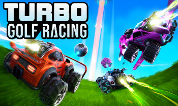 Turbo Golf Racing key art, showcasing logo and three cars racing down a golf course