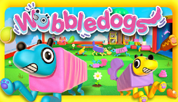 Wobbledogs key art showcasing two Wobbledogs in a pen filled with items